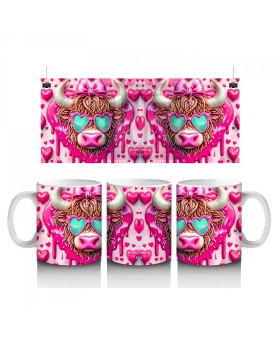 Gözlüklü ve Kalpli Fonlu Neşeli Buzağı Deseni – Baskılı Kahve Kupası