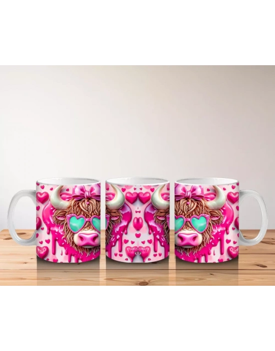 Gözlüklü ve Kalpli Fonlu Neşeli Buzağı Deseni – Baskılı Kahve Kupası