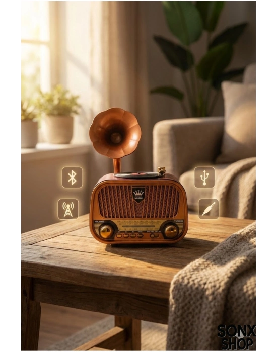® Gramofon Tasarımlı Nostaljik Bluetooth Radyo Hoparlör Müzik Çalar