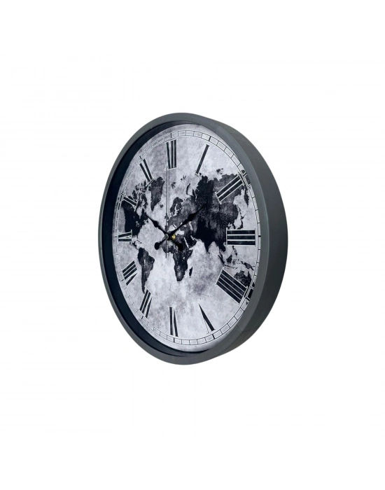 Gri 36 Cm Dünya Haritalı Duvar Saati