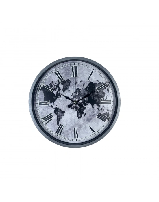 Gri 36 Cm Dünya Haritalı Duvar Saati
