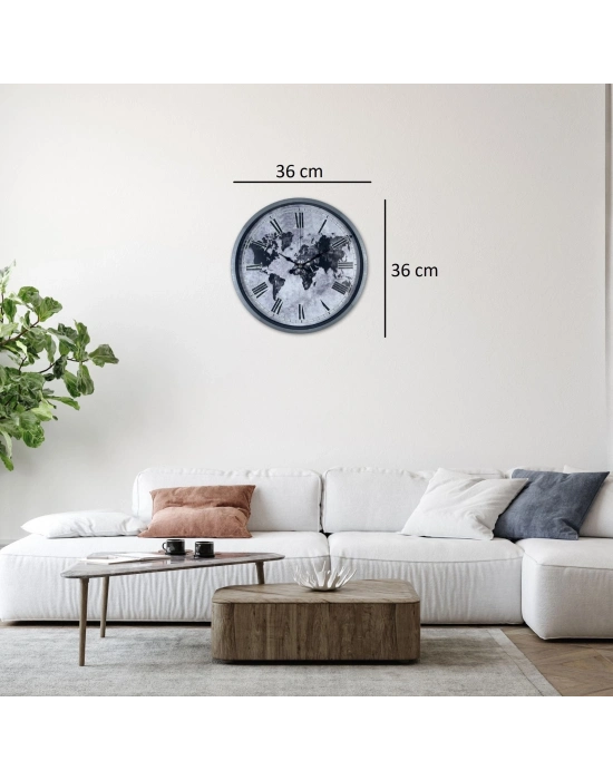 Gri 36 Cm Dünya Haritalı Duvar Saati