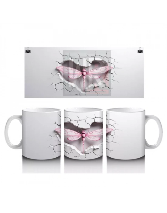 Gri Çatlak Zemin Üzerinde Zarif Pembe Kanatlı Yusufçuk - Baskılı kahve kupası