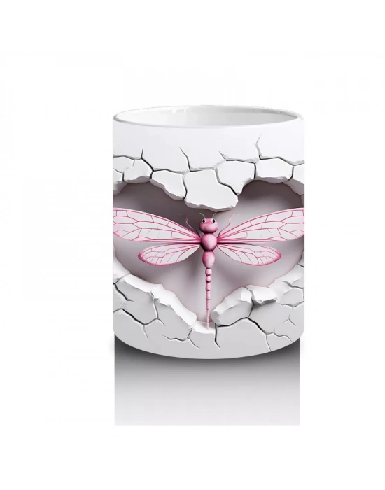 Gri Çatlak Zemin Üzerinde Zarif Pembe Kanatlı Yusufçuk - Baskılı kahve kupası