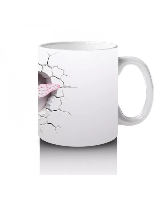 Gri Çatlak Zemin Üzerinde Zarif Pembe Kanatlı Yusufçuk - Baskılı kahve kupası