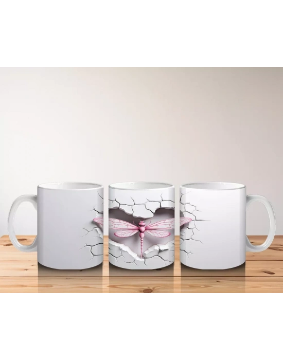 Gri Çatlak Zemin Üzerinde Zarif Pembe Kanatlı Yusufçuk - Baskılı kahve kupası
