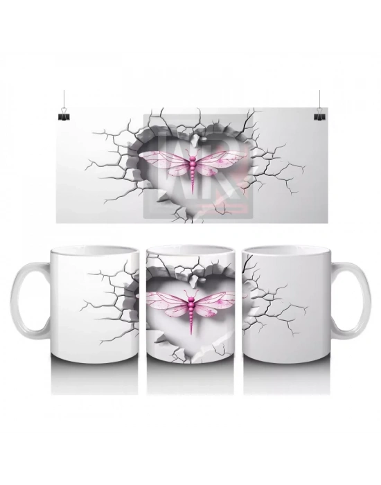 Gri Çatlak Zeminde Kalp Şeklinde Pembe Yusufçuk – Baskılı Kahve Kupası
