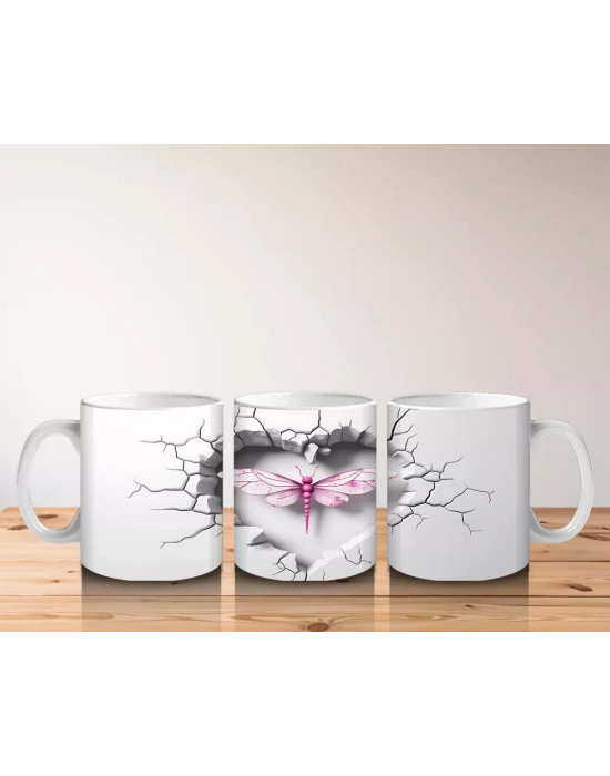 Gri Çatlak Zeminde Kalp Şeklinde Pembe Yusufçuk – Baskılı Kahve Kupası