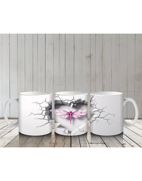 Gri Çatlak Zeminde Kalp Şeklinde Pembe Yusufçuk – Baskılı Kahve Kupası