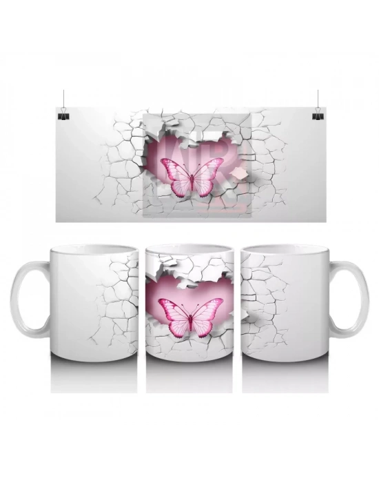 Gri Duvarda Çift Kanatlı Pembe Kelebek – Baskılı Kahve Kupası