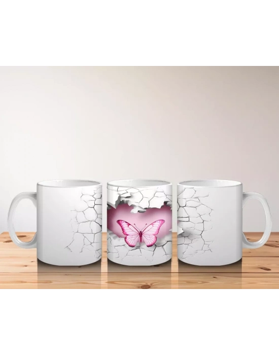 Gri Duvarda Çift Kanatlı Pembe Kelebek – Baskılı Kahve Kupası