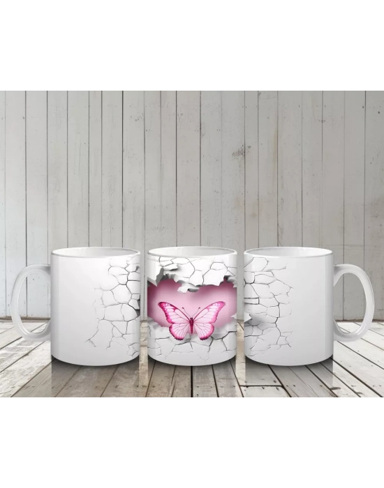 Gri Duvarda Çift Kanatlı Pembe Kelebek – Baskılı Kahve Kupası