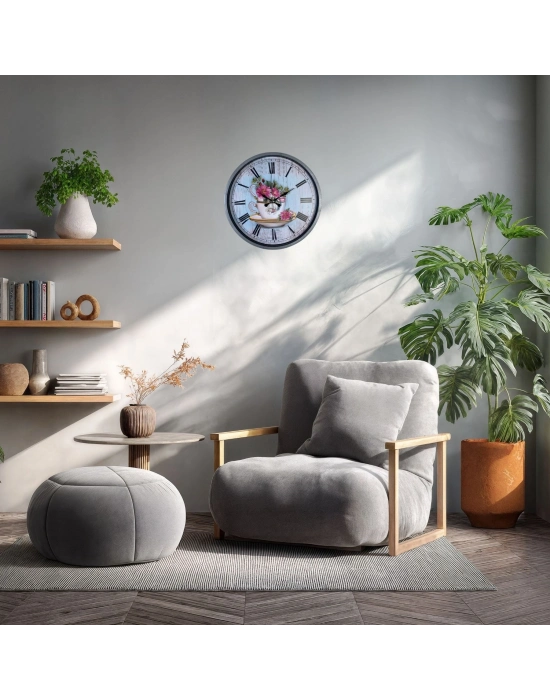 Gri Flower Cup 36 Cm Duvar Saati