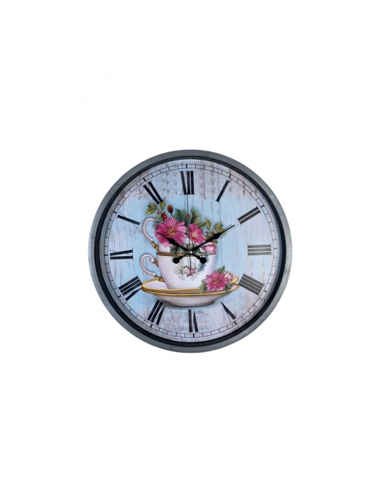 Gri Flower Cup 36 Cm Duvar Saati