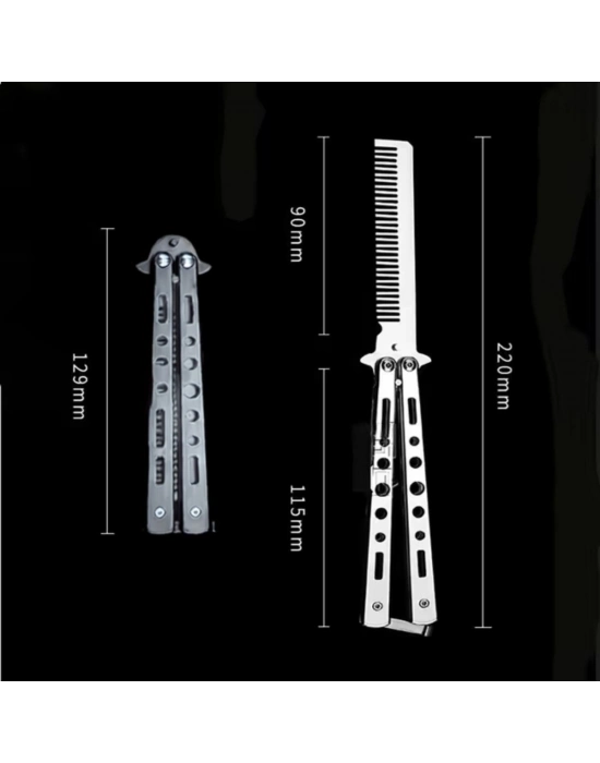 ®  Gri Katlanabilir Paslanmaz Çelik Kelebek Bıçak Tarak Sakal Bıyık Fırçası Profesyonel Saç Kesimi İçin Tarak