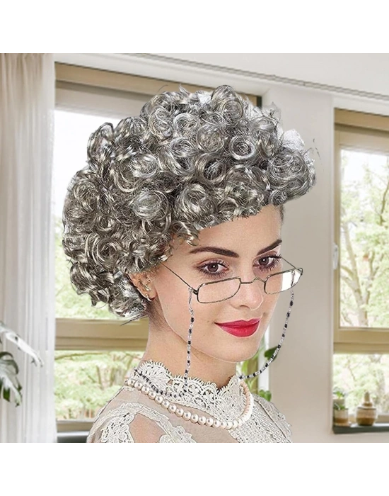 Gri Kıvırcık Büyükanne Peruğu Astarlı Model