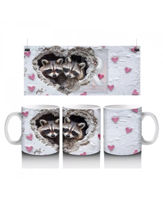 Gri Kürklü Rakun ve Kalpler – Baskılı Kahve Kupası