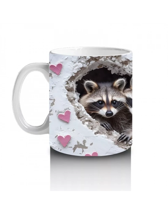 Gri Kürklü Rakun ve Kalpler – Baskılı Kahve Kupası