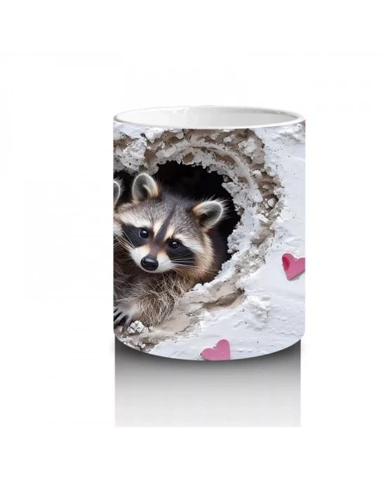 Gri Kürklü Rakun ve Kalpler – Baskılı Kahve Kupası