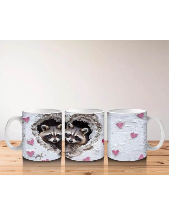 Gri Kürklü Rakun ve Kalpler – Baskılı Kahve Kupası