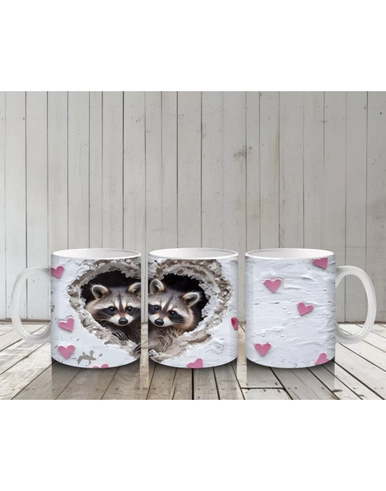 Gri Kürklü Rakun ve Kalpler – Baskılı Kahve Kupası