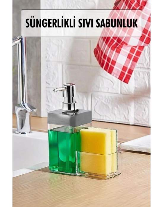 Gri Renkli Sıvı Sabunluk Süngerlik Hazneli 450 ml