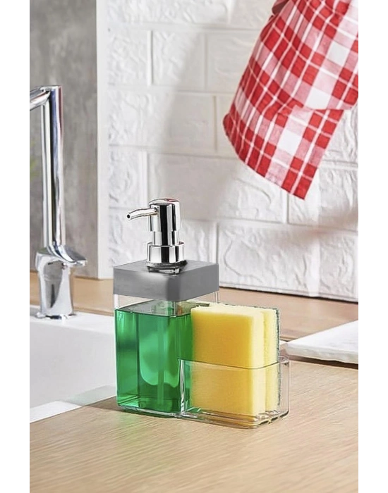 Gri Renkli Sıvı Sabunluk Süngerlik Hazneli 450 ml