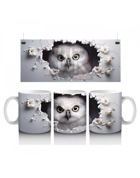 Gri Tüylerle Kaplı Bilge Baykuş Deseni – Baskılı Kahve Kupası