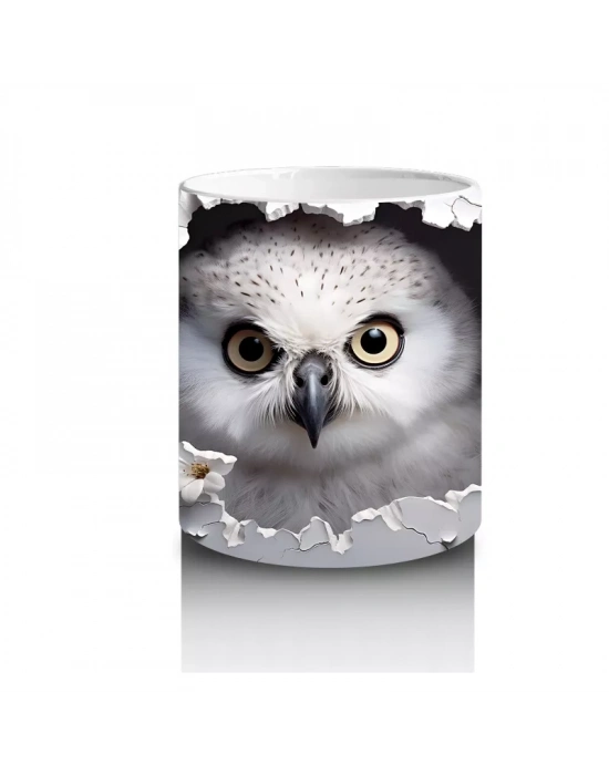 Gri Tüylerle Kaplı Bilge Baykuş Deseni – Baskılı Kahve Kupası