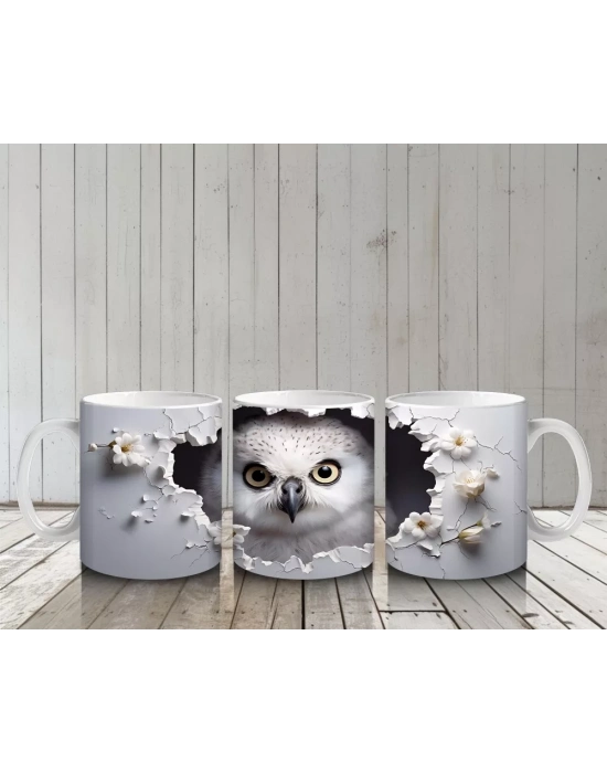 Gri Tüylerle Kaplı Bilge Baykuş Deseni – Baskılı Kahve Kupası
