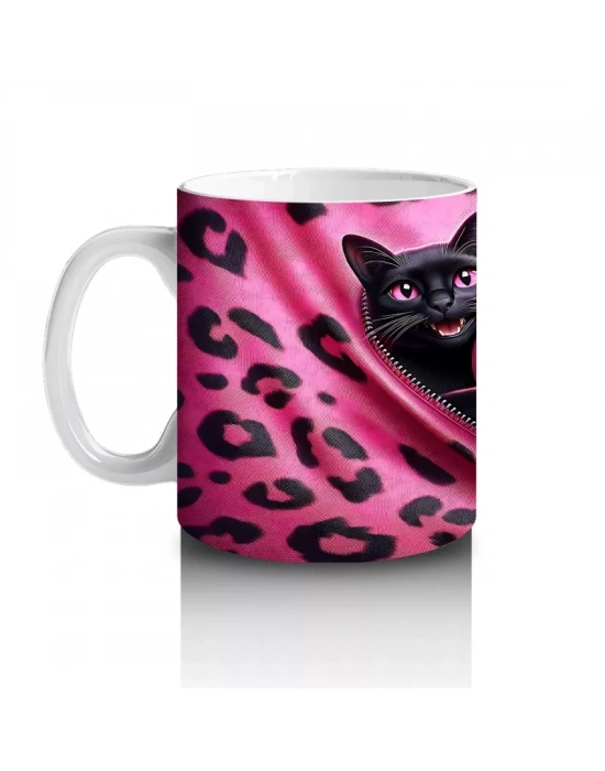 Gri Tüylü Kediler Arasında Kalpli Peluş – Baskılı Kahve Kupası