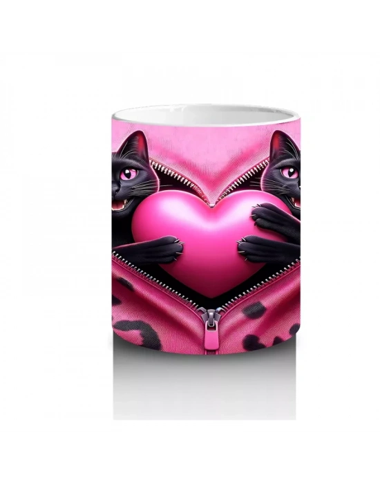 Gri Tüylü Kediler Arasında Kalpli Peluş – Baskılı Kahve Kupası