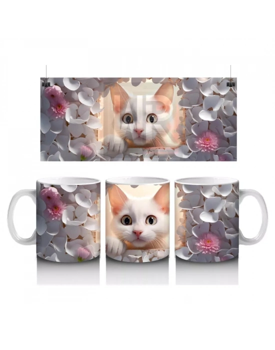 Gri Yapraklar Arasında Meraklı Kedi – Baskılı Kahve Kupası