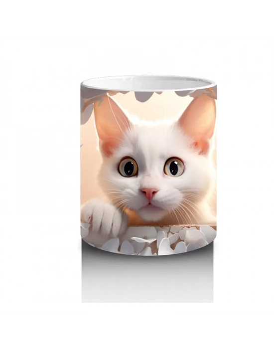 Gri Yapraklar Arasında Meraklı Kedi – Baskılı Kahve Kupası