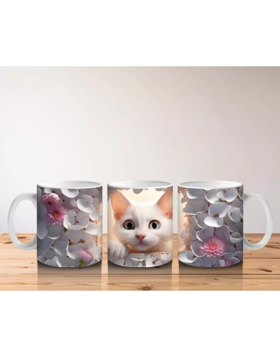 Gri Yapraklar Arasında Meraklı Kedi – Baskılı Kahve Kupası