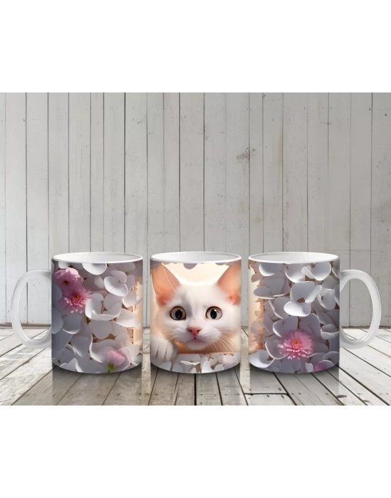 Gri Yapraklar Arasında Meraklı Kedi – Baskılı Kahve Kupası