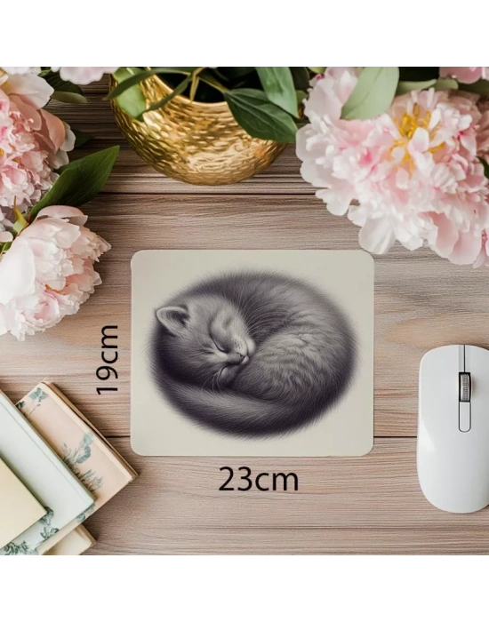 Gri Zeminli Yatmış Kedi Mouse Pad - 19x23 cm 2 mm Dikdörtgen İthal Baskılı Mouse Pad