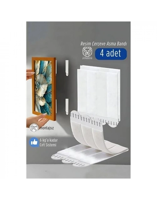 ® Güçlü Resim Çerçeve Asma Bandı 4lü Set - 6Kg Taşıma Kapasiteli Duvar Delmeyen Cırt Sistemi