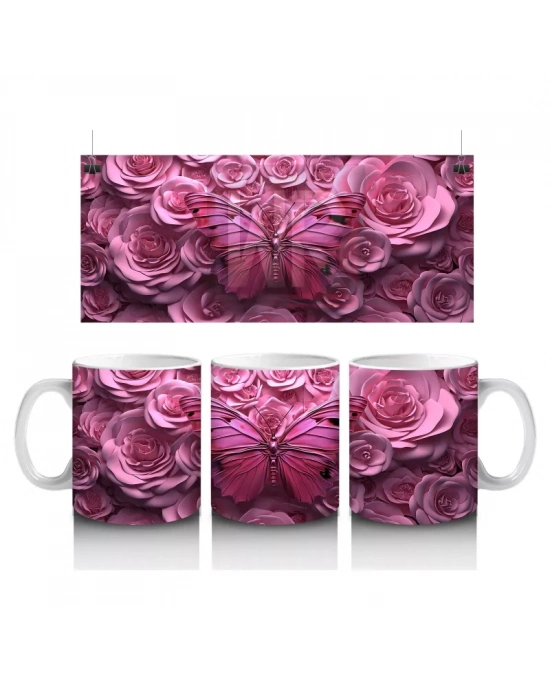 Gül Buketi Arasında Parlayan Pembe Kelebek Deseni - Baskılı kahve kupası