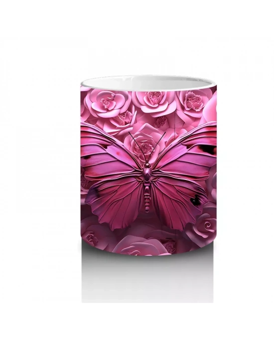 Gül Buketi Arasında Parlayan Pembe Kelebek Deseni - Baskılı kahve kupası