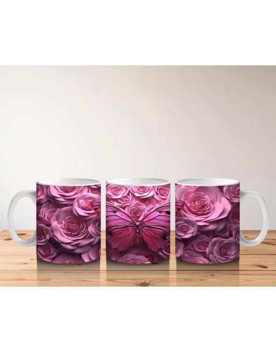 Gül Buketi Arasında Parlayan Pembe Kelebek Deseni - Baskılı kahve kupası