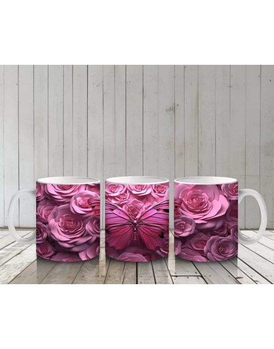 Gül Buketi Arasında Parlayan Pembe Kelebek Deseni - Baskılı kahve kupası
