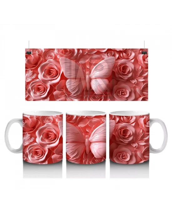 Gül Buketi Arasında Pembe Kelebek – Baskılı Kahve Kupası