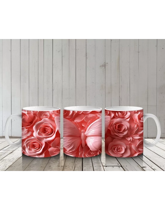 Gül Buketi Arasında Pembe Kelebek – Baskılı Kahve Kupası