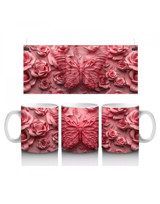 Gül Buketi Üzerinde Parlayan Kelebek – Baskılı Kahve Kupası