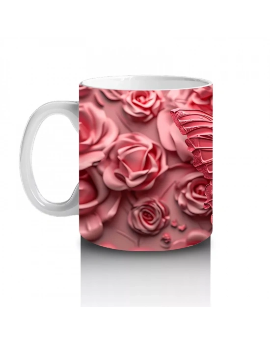 Gül Buketi Üzerinde Parlayan Kelebek – Baskılı Kahve Kupası