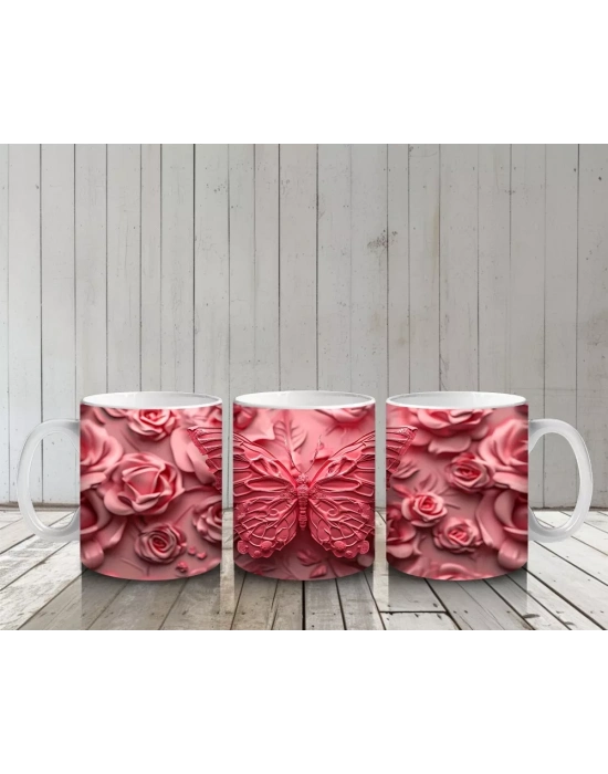 Gül Buketi Üzerinde Parlayan Kelebek – Baskılı Kahve Kupası