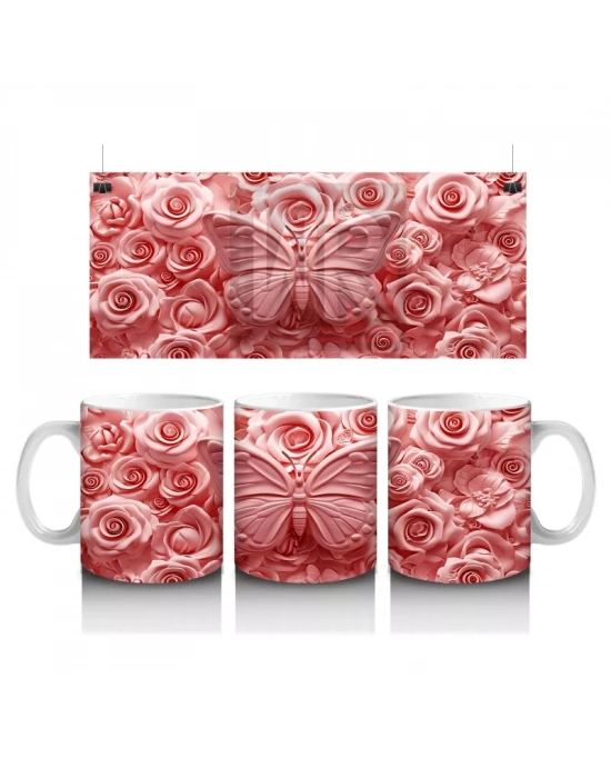 Gül Buketiyle Dolu Kalpli Arka Plan – Baskılı Kahve Kupası