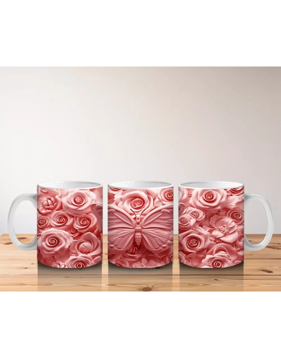 Gül Buketiyle Dolu Kalpli Arka Plan – Baskılı Kahve Kupası