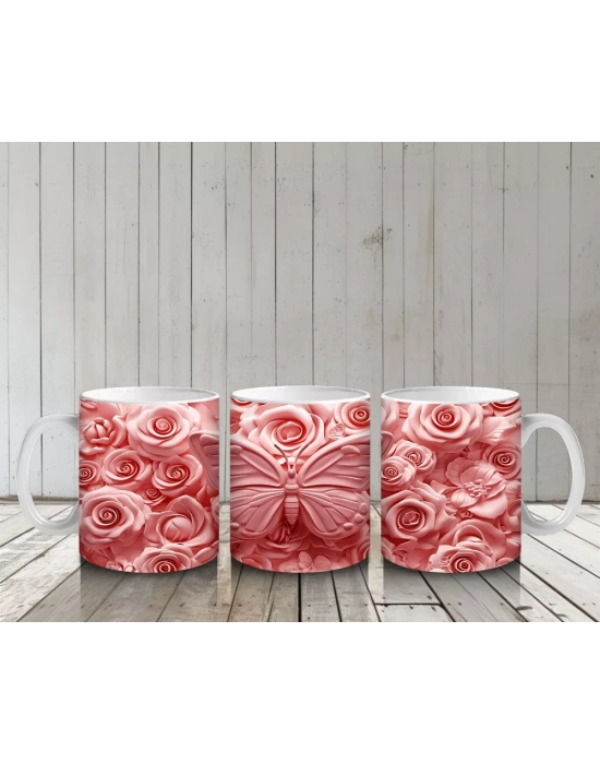 Gül Buketiyle Dolu Kalpli Arka Plan – Baskılı Kahve Kupası